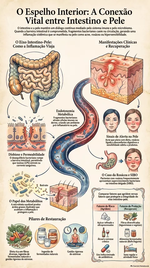 Infográfico — Intestino e pele: acne, rosácea, inflamação e sensibilidade cutânea