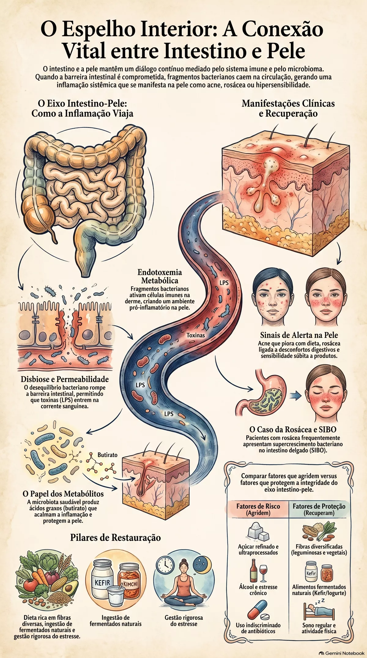 Infográfico — Intestino e pele: acne, rosácea, inflamação e sensibilidade cutânea