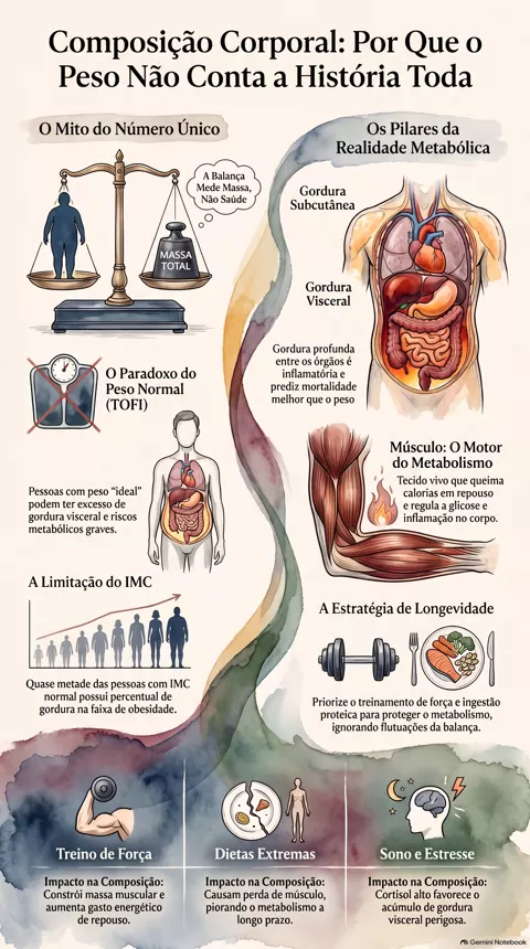 Infográfico — Composição corporal: por que o peso na balança não conta a história completa