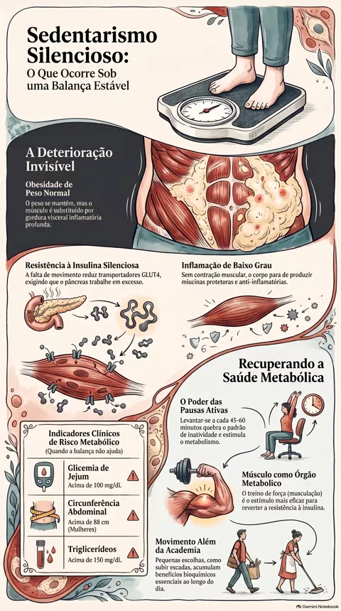 Infográfico — Sedentarismo: o que ele faz com seu metabolismo mesmo quando o peso parece estável