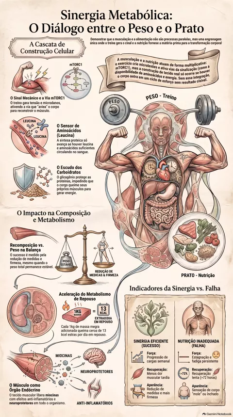 Infográfico — Musculação e alimentação: o que realmente acontece no corpo quando você combina os dois