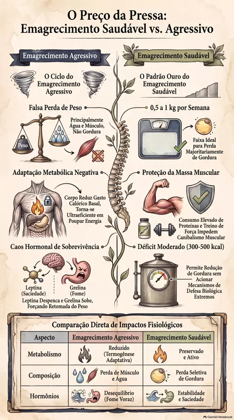Infográfico — Emagrecimento saudável x emagrecimento agressivo: o que a pressa custa ao seu corpo