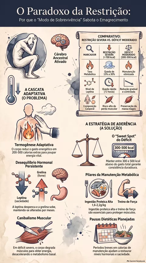 Infográfico — Por que a restrição calórica excessiva piora a aderência e o metabolismo