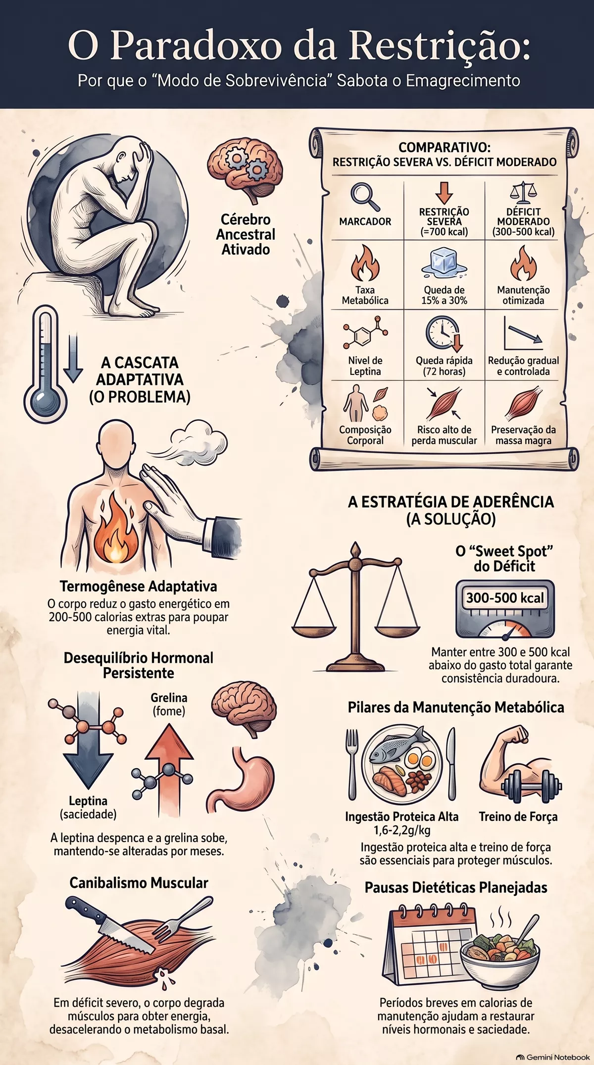 Infográfico — Por que a restrição calórica excessiva piora a aderência e o metabolismo