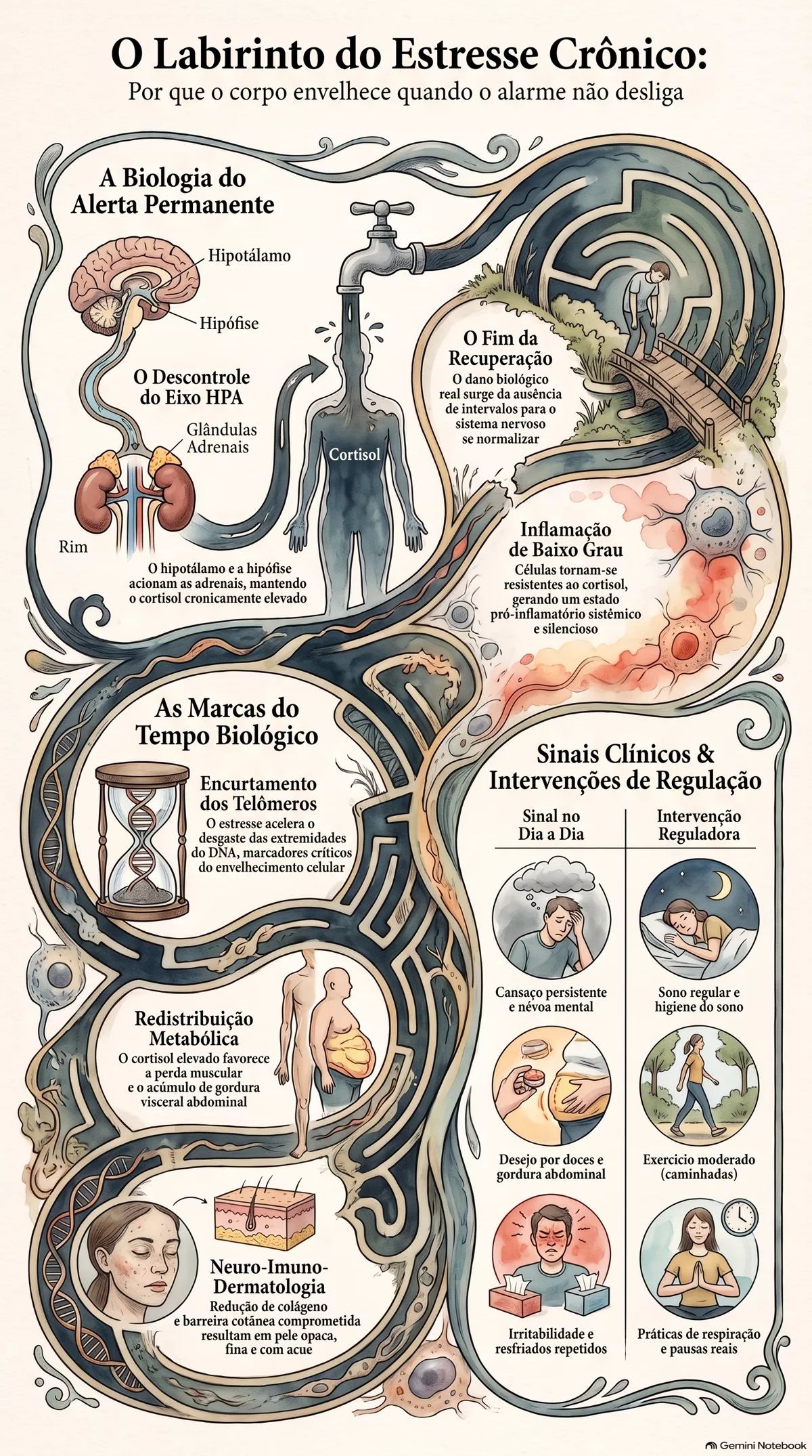 Infográfico — O que o estresse crônico faz com o corpo — e por que ele envelhece mais do que o tempo