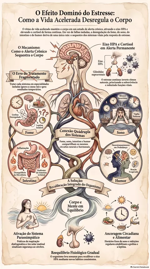 Infográfico — Por que viver acelerado desregula fome, sono, intestino e humor