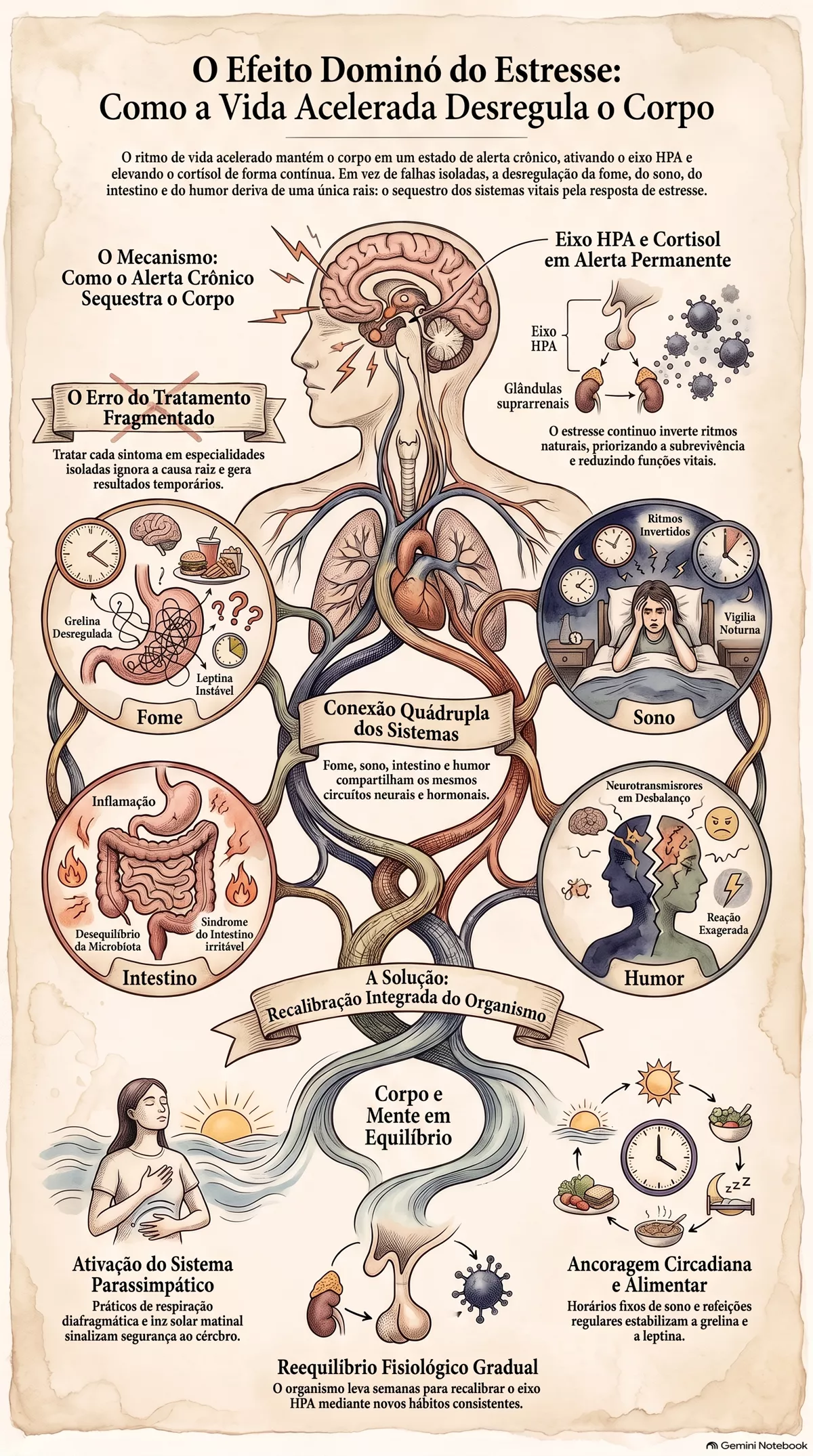 Infográfico — Por que viver acelerado desregula fome, sono, intestino e humor
