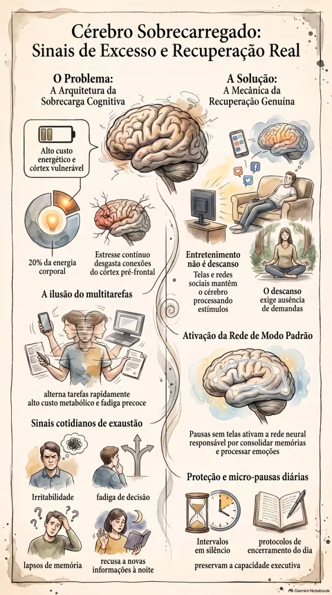 Infográfico — Cérebro sobrecarregado: sinais de excesso de estímulo e baixa recuperação