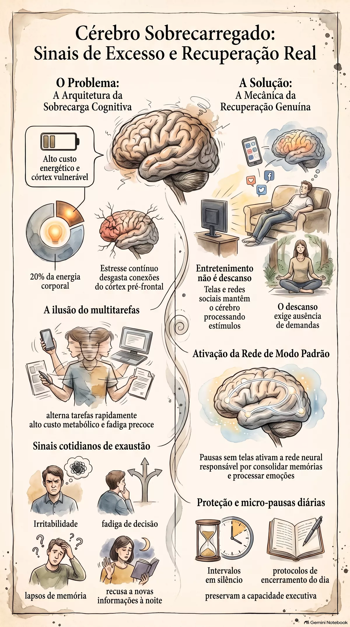 Infográfico — Cérebro sobrecarregado: sinais de excesso de estímulo e baixa recuperação