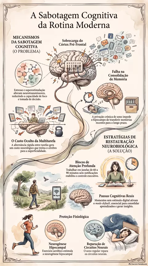 Infográfico — Como a rotina moderna sabota foco, memória e clareza mental